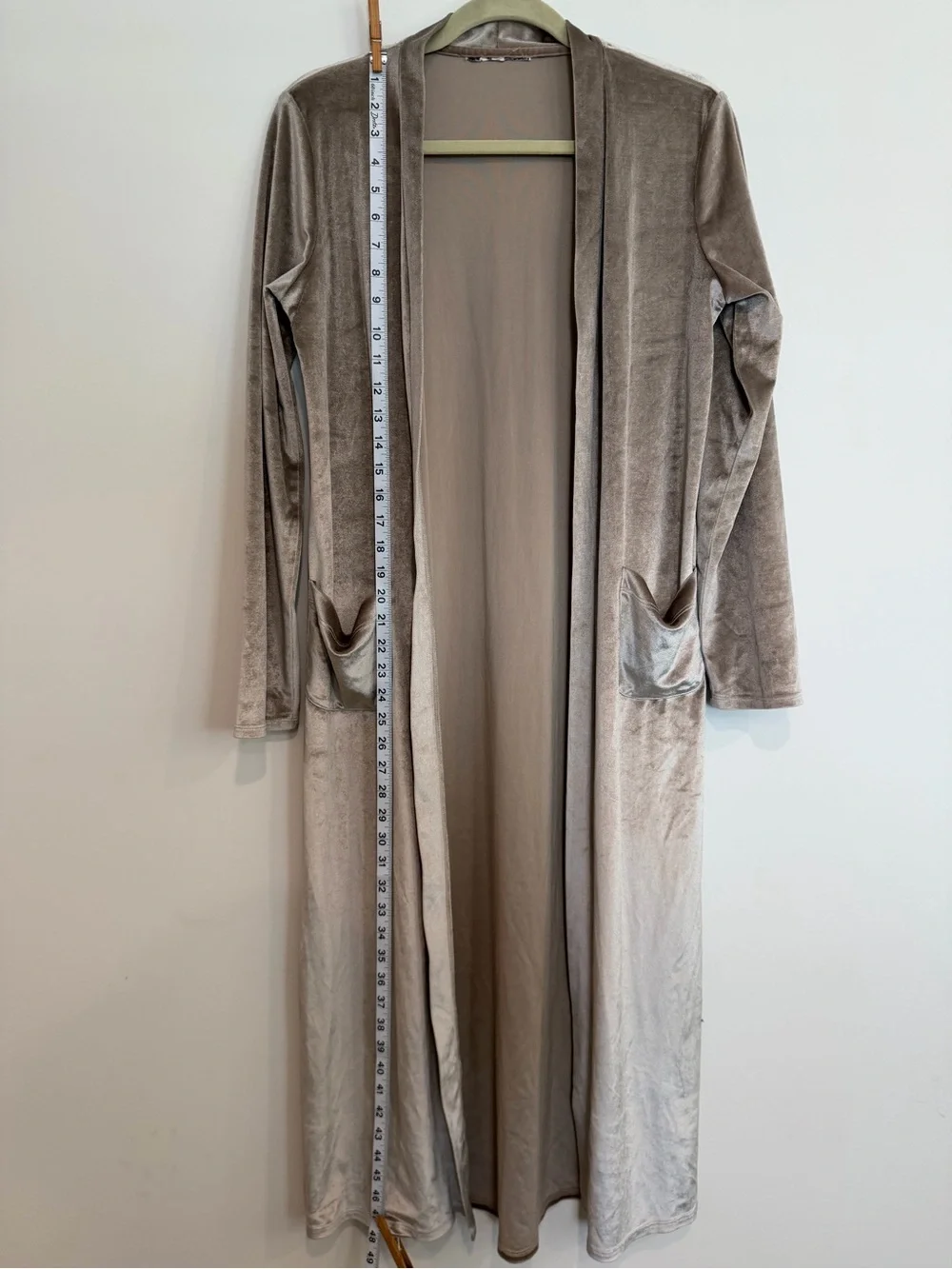 Taupe Velvet Duster Cardigan Long Open Front Maxi Jacket Pockets